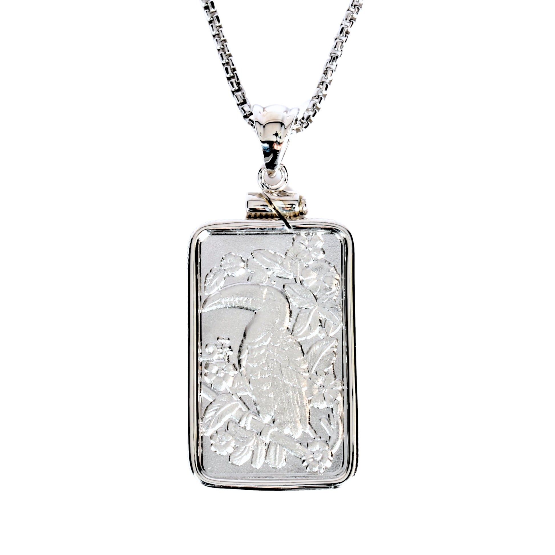 WPE Rectangle Amulet Pendant Necklace - 5 Gram .999 Silver Art Bar - "TOUCAN" - WPE